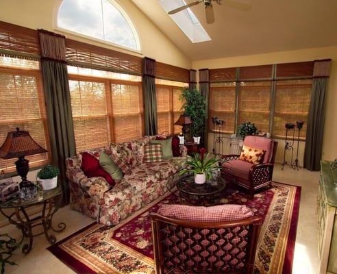 Cozy and comfortable sun room with a warm color palette and texture.