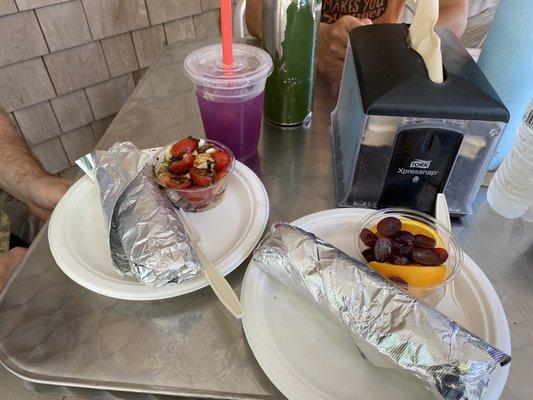 Shrimp Pita Wrap Hades style with Caprese Salad and Falafel Pita Wrap Atlantis style with Fruit