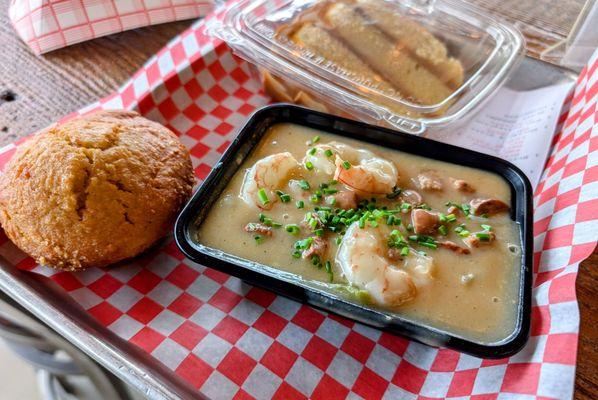 CAJUN SHRIMP GRITS, CORNBREAD MUFFIN, & SLICE CARAMEL CAKE