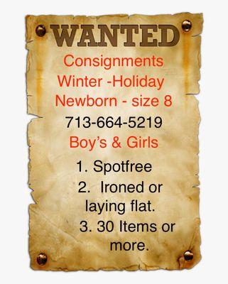 Wanted: Winter, Holiday children's apparel, New born - size 8. 
We do not buy items. Within the season. Please call us for information .