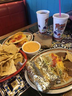 Taco Plate, hard shell tacos, chips and queso.