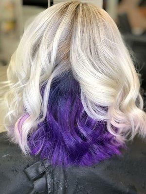 Purple peekaboo under  platinum blonde hair