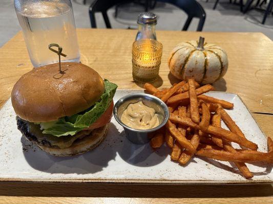 Delicious Cheeseburger and sweet potato fries.