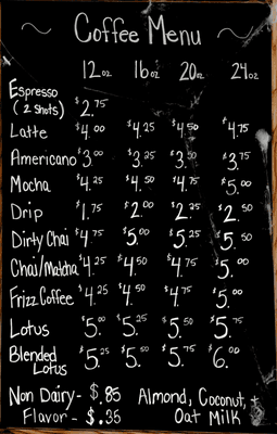 Coffee menu