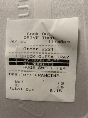 Receipt from first order when she left off my cheeseburger.