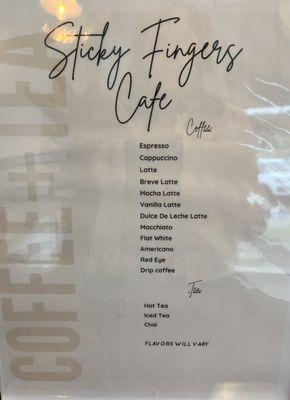 Coffee and tea menu