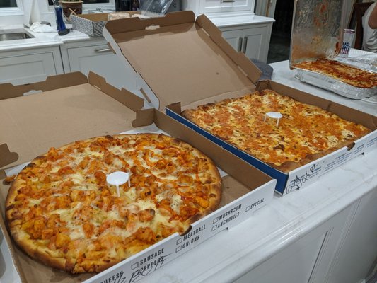 Pie on the left is penne chicken vodka/buffalo chicken. Pie on the right is the famous vodka pie.