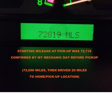 Upon filling car with gas, odometer showed 100 miles discrepancy from pick up. 72,718 to 72,818 (1 mile to gas station).