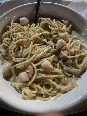 Seafood Alfredo sauce on spaghetti - delicious!