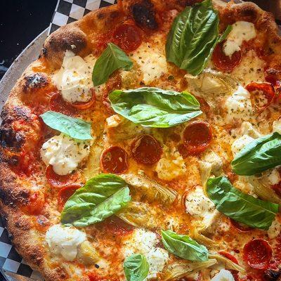 Pepperoni, Ricotta, Artichokes, Always with Fresh Basil