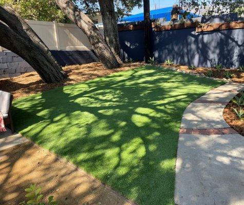 Artificial turf and drought tolerant planters.