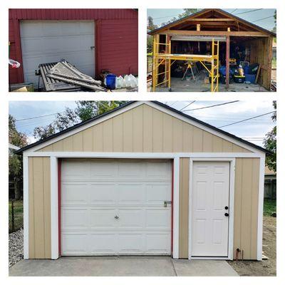 Before and after garage siding with trim and added door