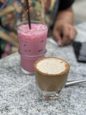 Beet Lavender latte and cinnamon shooter