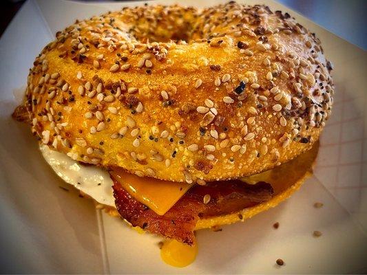 Bacon, egg, & cheese on an egg everything bagel