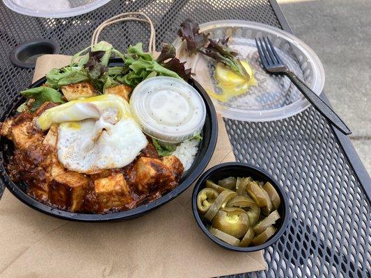 FIRE TOFU BOWL with fried egg & yolk on lid :-) and 3 oz JALAPEÑOS.