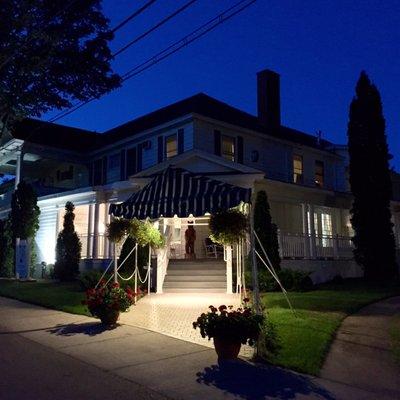 Front entrance at night.