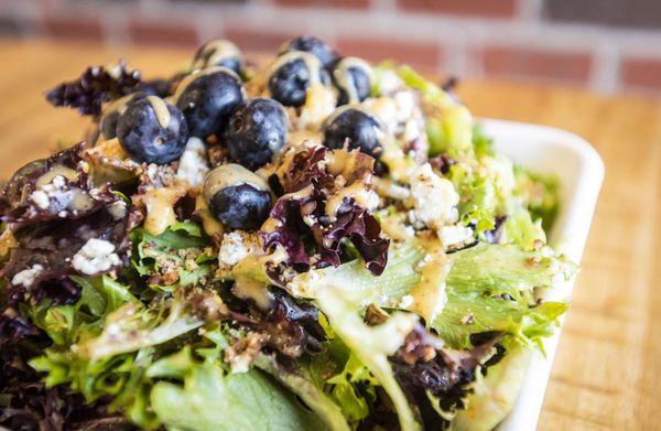 Verona Salad , with fresh spring mix , blueberries, blue cheese , honey glazed pecans and house made apricot dressing.