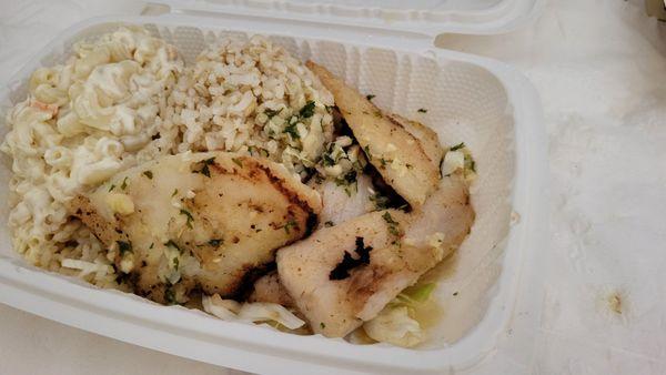 Garlic fish, basa. Brown rice and macaroni salad.  Mini plate.