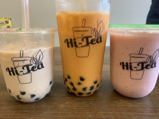 Black milk tea, thai milk tea and strawberry banana smoothie!