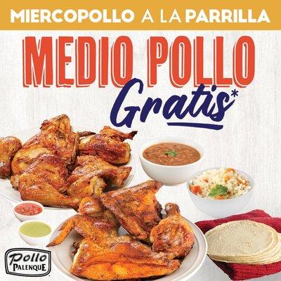 ¡Ya llegó nuevamente el MIERCOPOLLO! Ven y llévate medio Pollo GRATIS* en la compra de un Pollo entero con dos complementos grandes todos