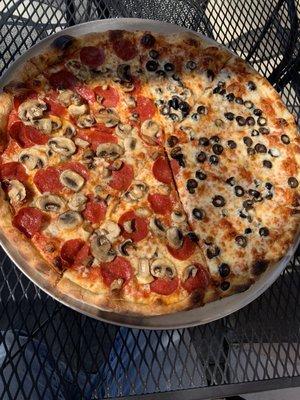 Half pepperoni/mushroom and half olives.