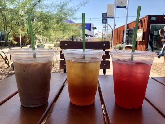 (L to R) iced cafe de olla (made with almond milk), iced black tea, and berry lemonade