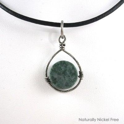 Kambala Jasper Necklace with Niobium Frame and Black Leather Cord, 19 inch $38.00