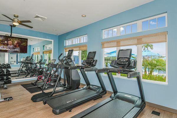 Cardio machines and other gym equipment are available 24/7 for residents.