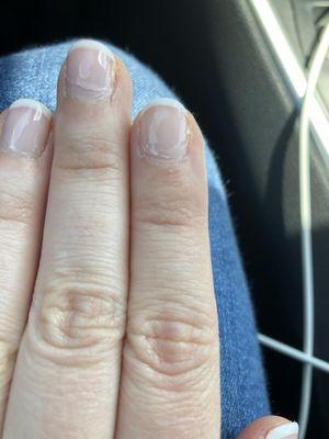 Gel manicure started peeling off after 6 days. Pedicure still looks good