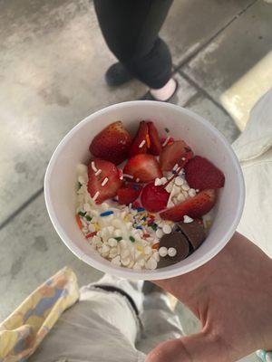 Cake Batter frozen yogurt, mini white chocolate chips, rainbow sprinkles, strawberries, and mini Reese cups