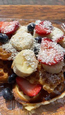 Waffles with Honey, Coconut Flakes, Banana, Strawberry and Blueberries!