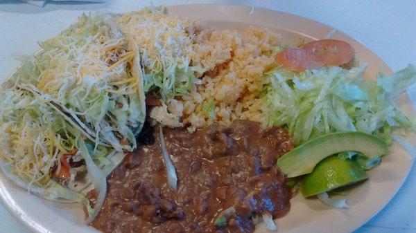 3 chicken tacos, rice, and beans. All fresh.