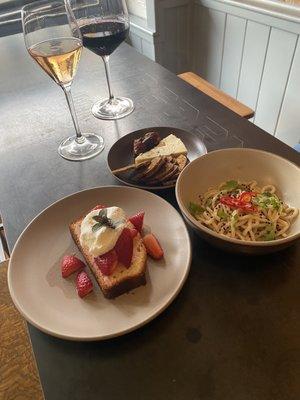 Wine, rose, rioja, food, lemon pound cake with strawberries, bleu cheese smoked figs, noodle bowl.