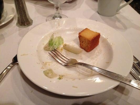 The ridiculously oversized crouton which I suspect is leftover poundcake, from a caesar salad. Meh.