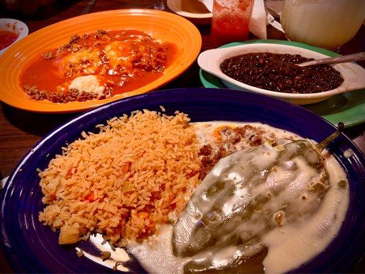 Combo beef cheese poblano chili and beef tamale with side of rice and black beans! Under $11!  I'm a fan!