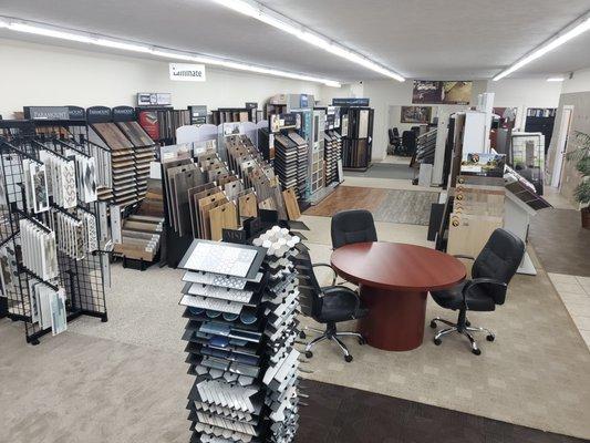 Our showroom with endless possibilities including custom tile showers, Hardwood, Vinyl plank, Designer carpets and more.