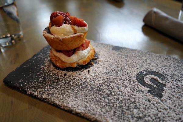 Stop 3: mini layered angel food cake that was topped with strawberries, balsamic, and powdered sugar at Old Gilman Grill