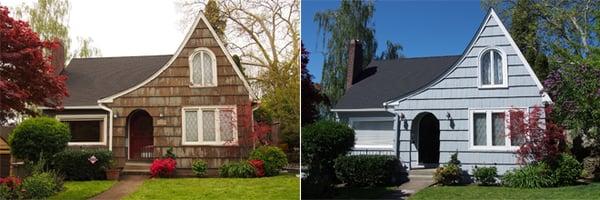 Exterior painting in NE Portland, Gray Tudor Cottage style with rake shakes