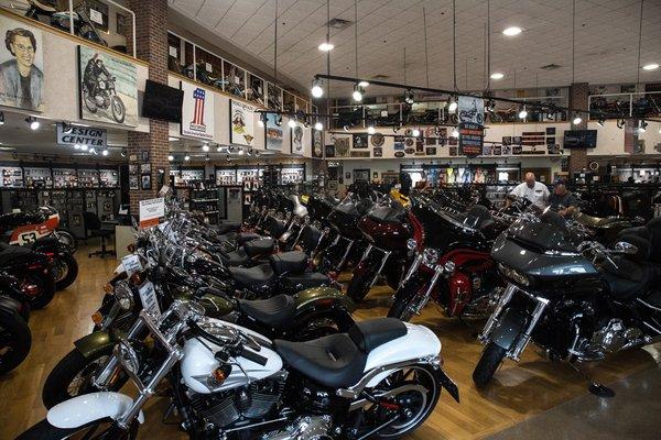 Harley-Davidson motorcycles on the showroom floor