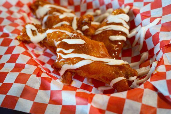 Smoked Buffalo Wings with our Nebraska Cream Cheese Drizzle