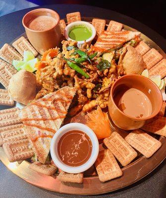 Veggie sandwich, pakoras and samosas