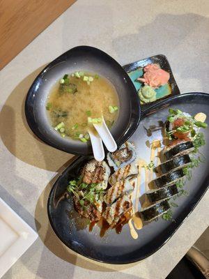 Miso soup, spicy ahi and soft shell crab rolls. Delicious!