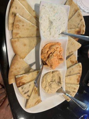 Pita chips with 3 different dips