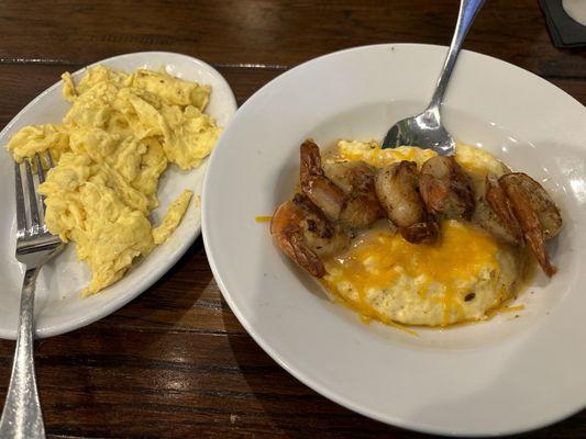 Shrimp and grits with a side of eggs.