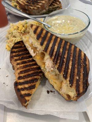 Grownup grilled cheese with chicken and grilled onions and the soup of the day.