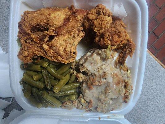 Fried chicken, green beans, and dressing. Nice portions, decent food, but salty