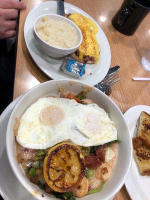 Founders Benedict (top) shrimp and grits (bottom)