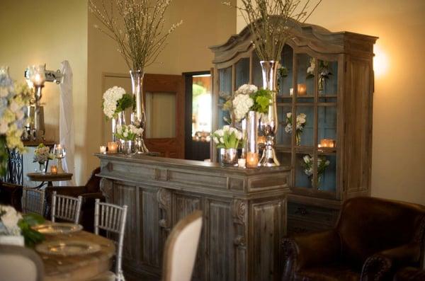 Reclaimed Wood Bar, Hutch and Coordinating Flowers and Vases