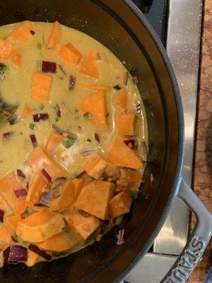 Sweet potato, coconut and spinach lentil stew