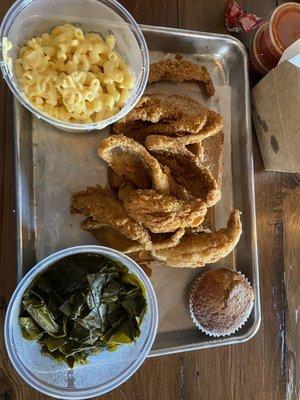 Perch meal with macaroni & cheese and collard greens